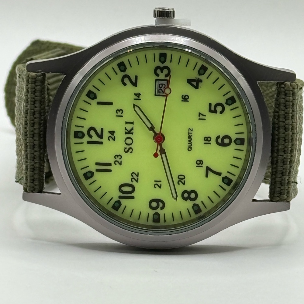New Soki Canvas Green Belt, Military Watch, Date Display, Men's (New Battery)